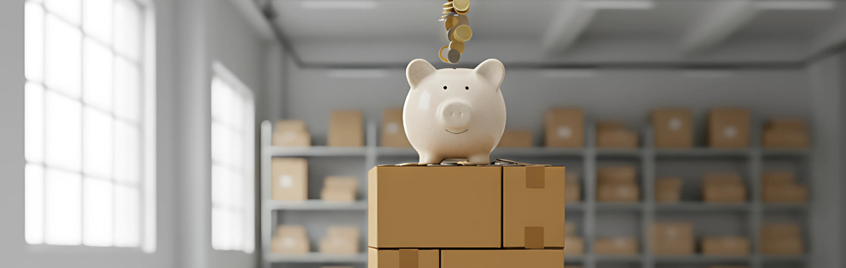 Skarbonka na stosie kartonów symbolizująca oszczędności na opakowaniach.