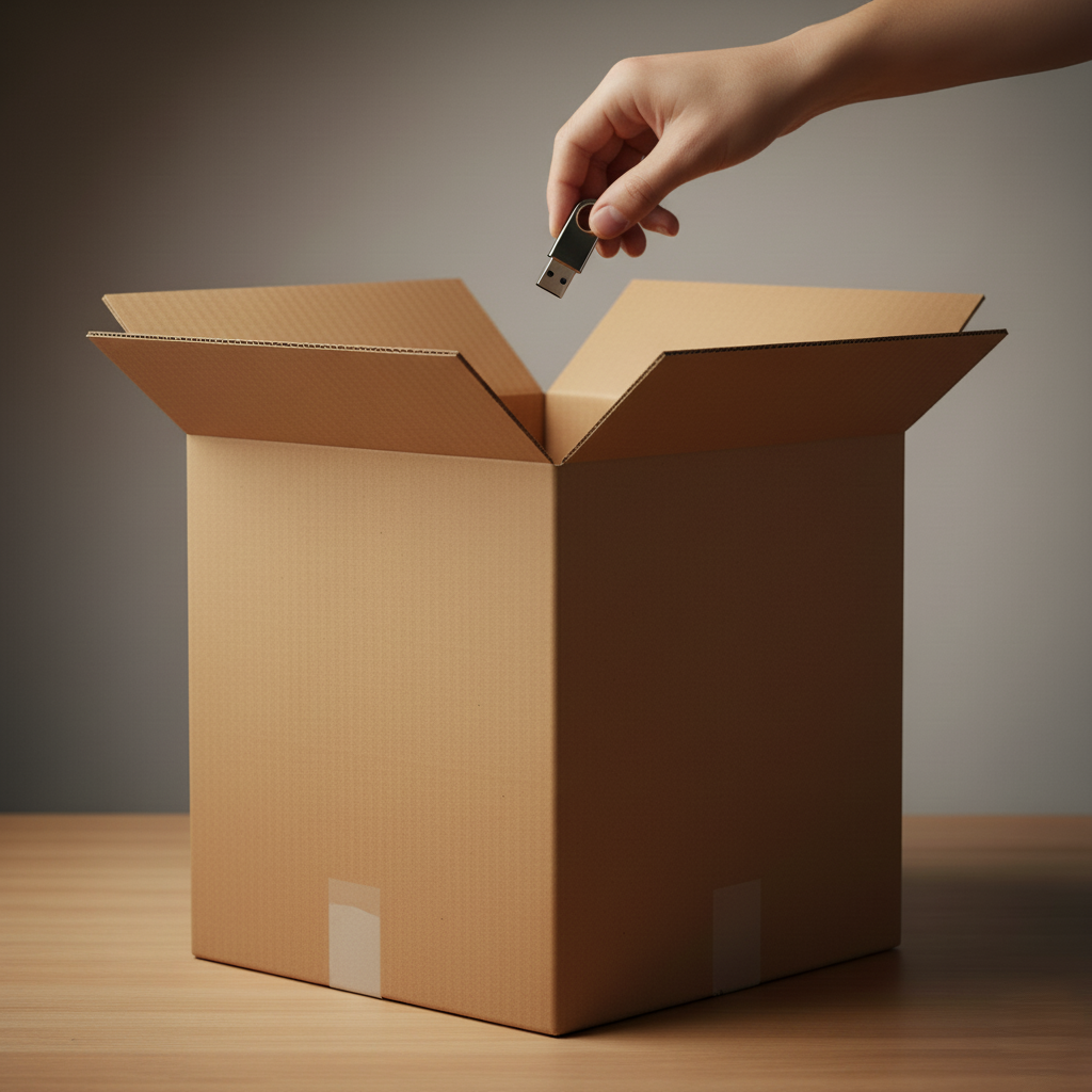 Zdjęcie z dużym kartonem i małym przedmiotem — podkreślający możliwość złego dopasowania opakowania do przesyłki.